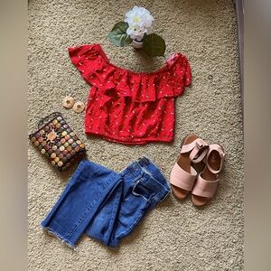 Red, Daisy Printed Off the Shoulder Crop Top